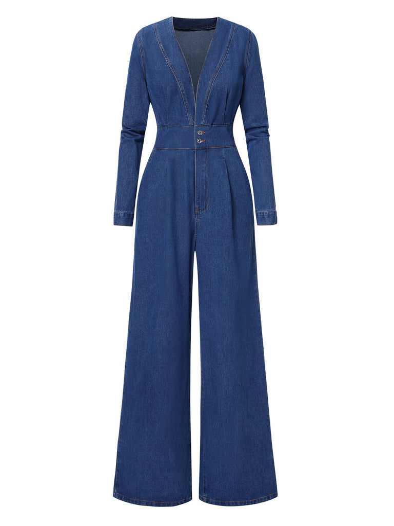 Blue 1940s Solid Deep V-Neck Denim Jumpsuit