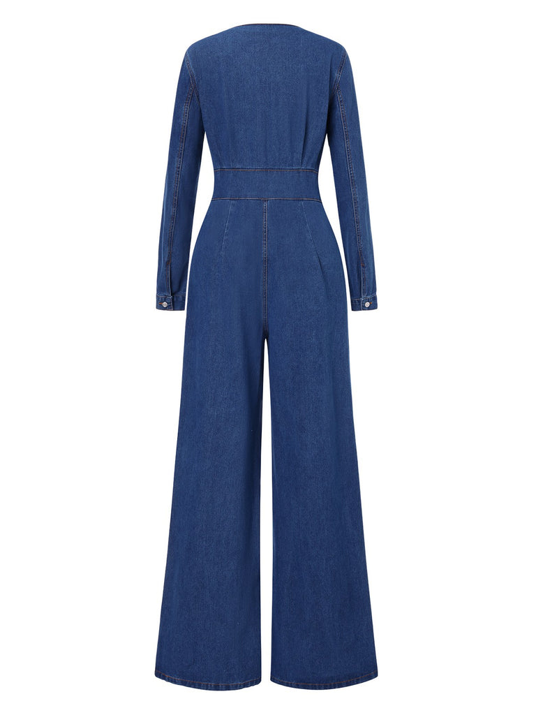 Blue 1940s Solid Deep V-Neck Denim Jumpsuit