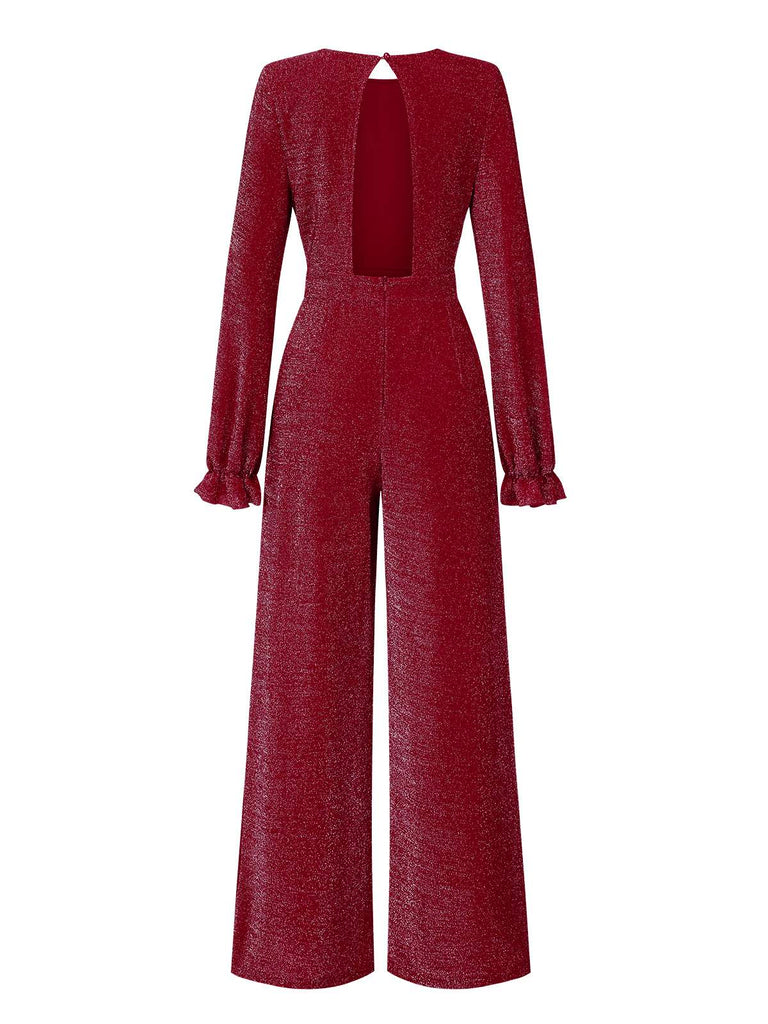 Wine Red 1930s Glitter Backless Wide-Leg Jumpsuit