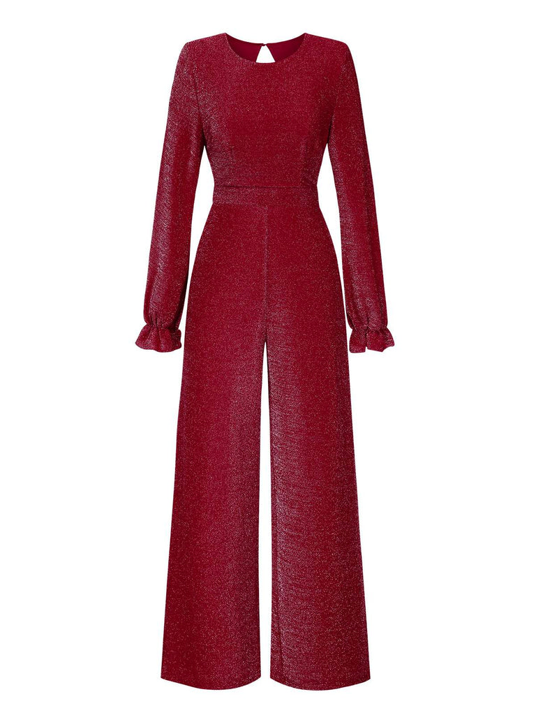 Wine Red 1930s Glitter Backless Wide-Leg Jumpsuit