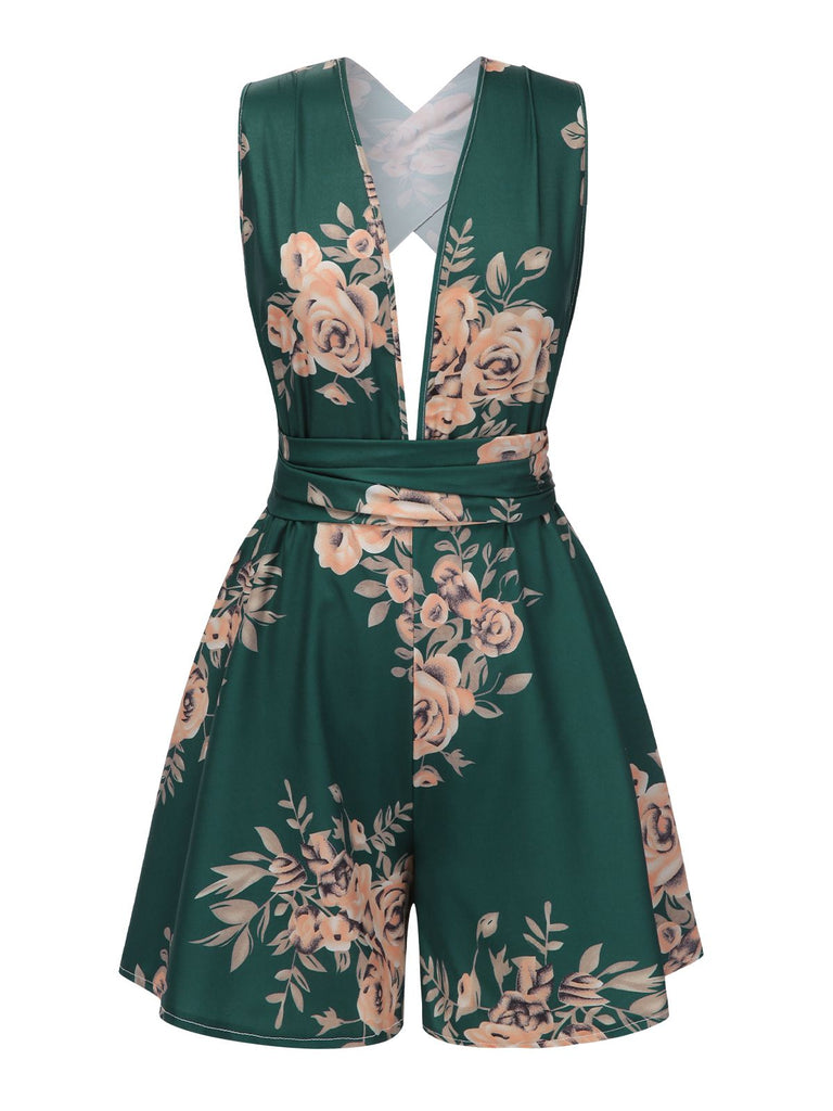 Dark Green 1970s Floral Deep V-Neck Romper