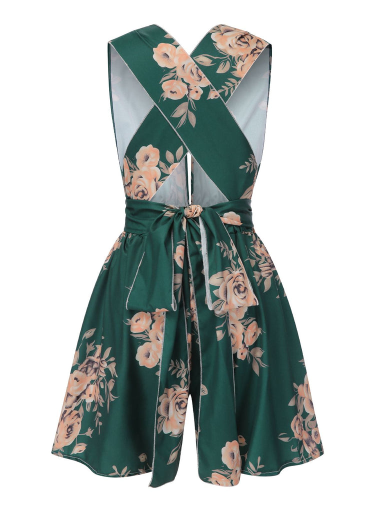 Dark Green 1970s Floral Deep V-Neck Romper