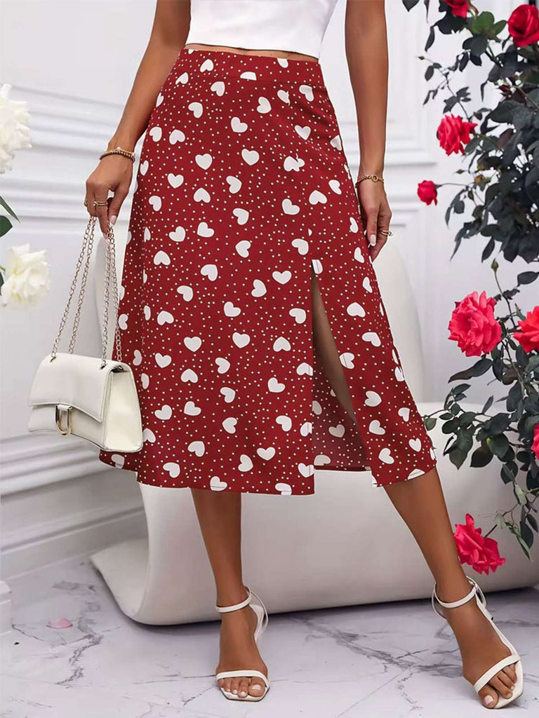 Red 1940s Hearts Polka Dot Slit Skirt