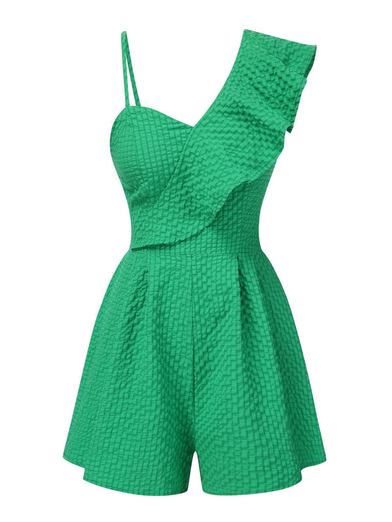 Green 1950s Suspender Ruffle Sleeves Textured Romper