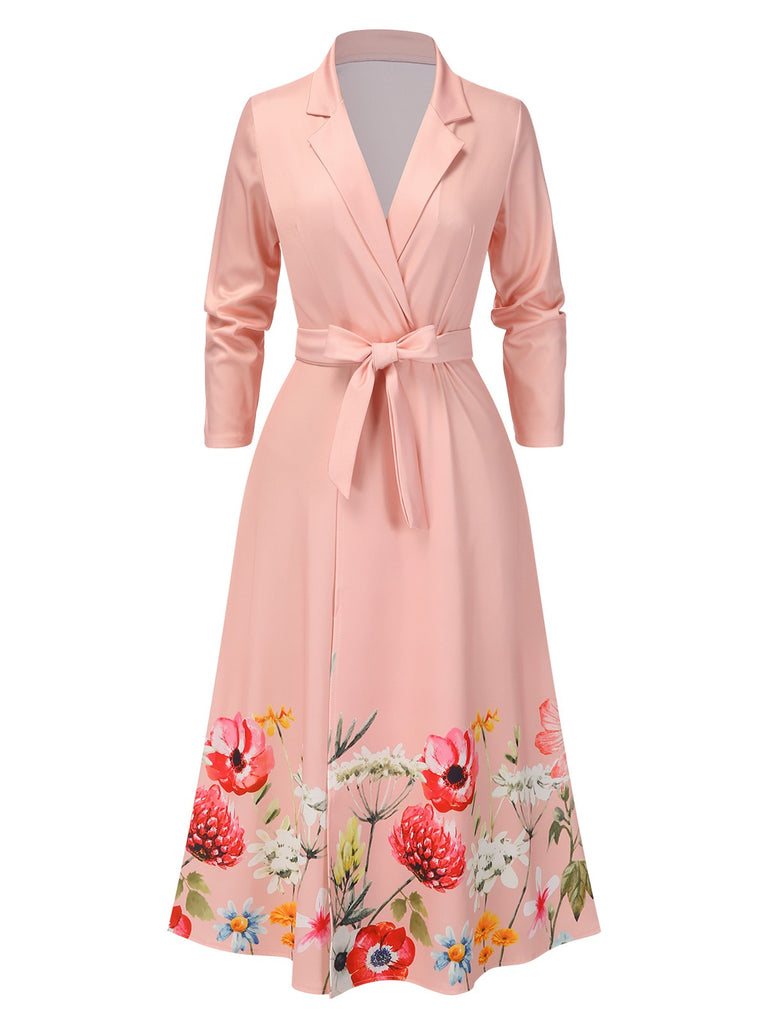 Pink 1940s Floral Tie-Up Blazer Dress