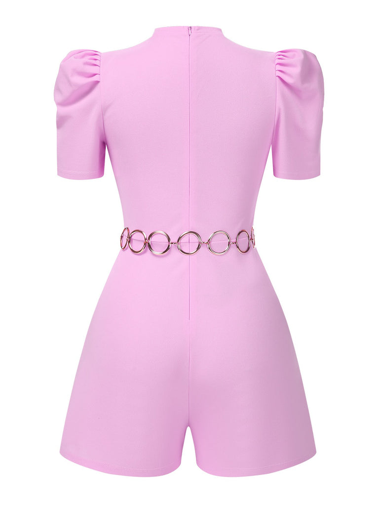 Pink 1950s Solid Puff Chain Belt Romper