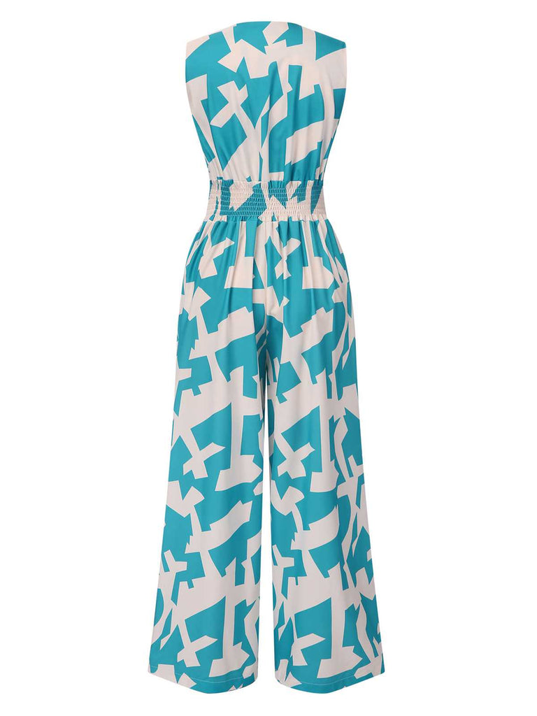 1970s Geometric Print Tie-Waist Sleeveless Jumpsuit