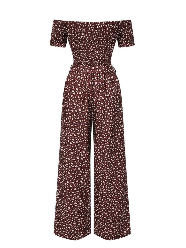 Red 1940s Off-Shoulder Ditsy Smocked Jumpsuit