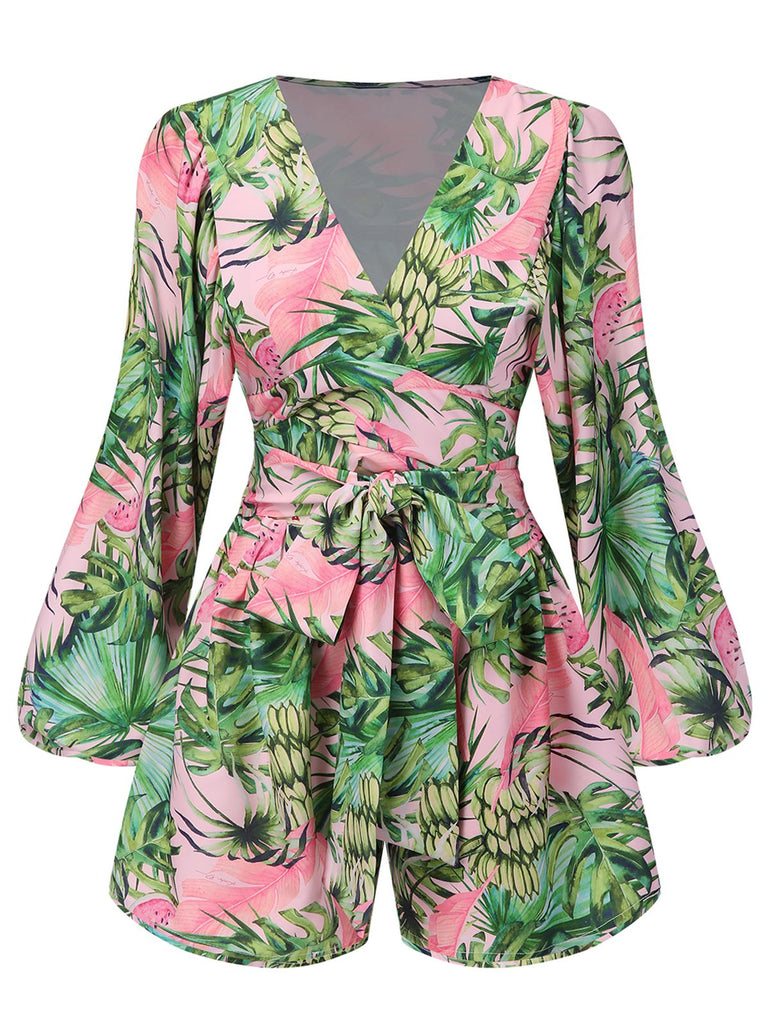 Green 1970s Tropical Rainforest Plant Chiffon Romper