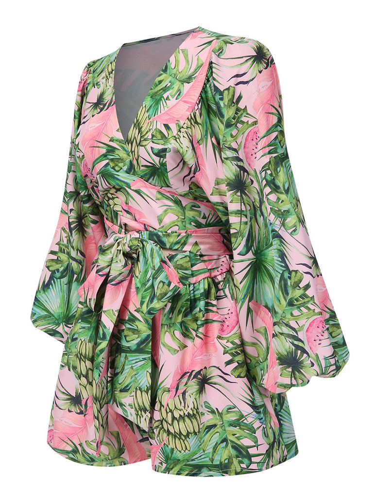 Green 1970s Tropical Rainforest Plant Chiffon Romper