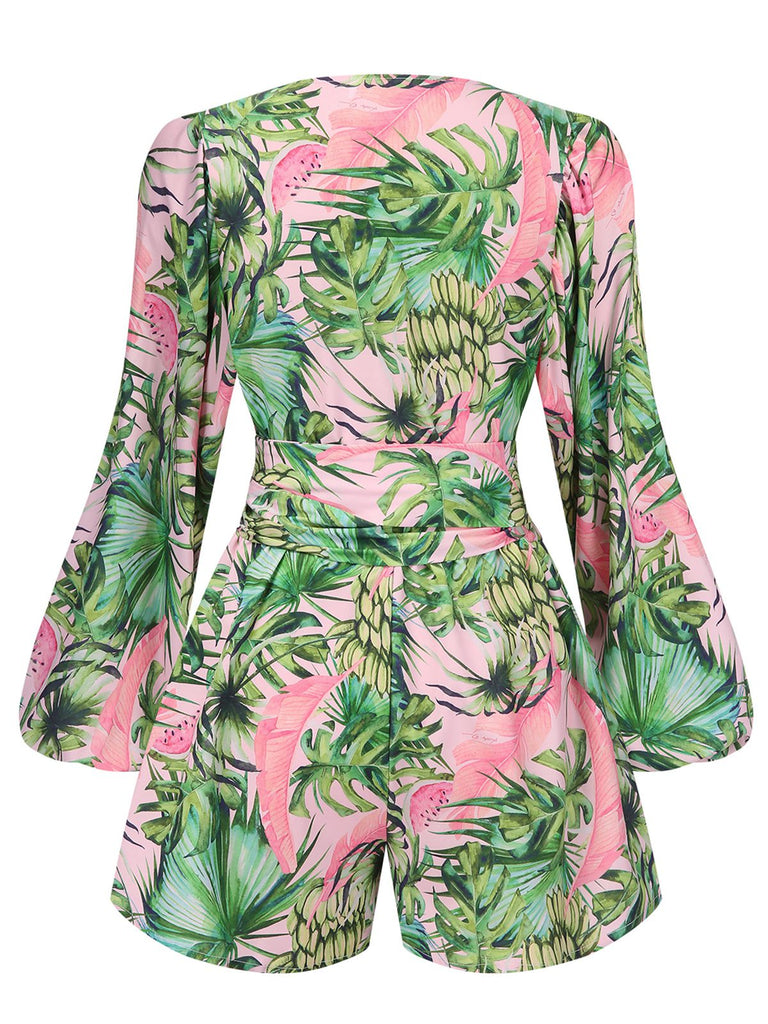 Green 1970s Tropical Rainforest Plant Chiffon Romper