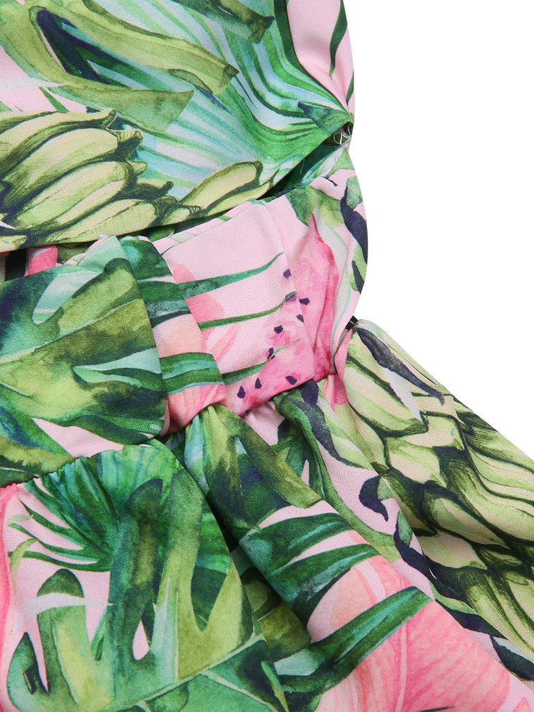 Green 1970s Tropical Rainforest Plant Chiffon Romper