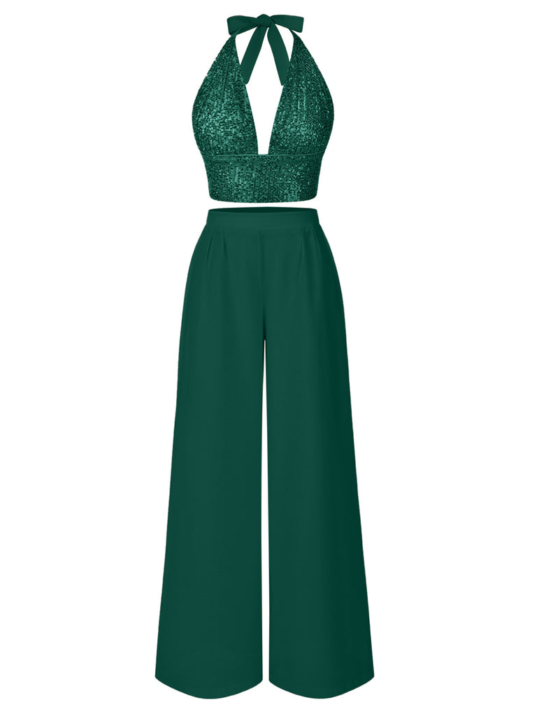 2PCS 1930s Sequined Halter Crop Top & Wide Leg Pants