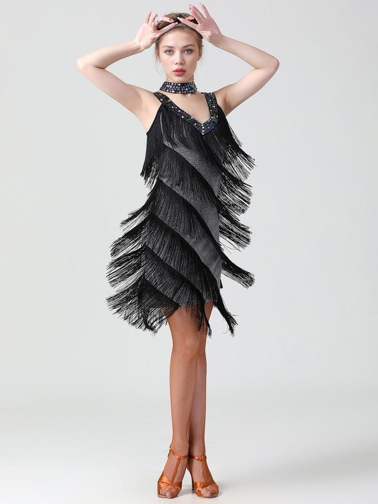 1920s Sequined Sleeveless Fringed Hem Dress