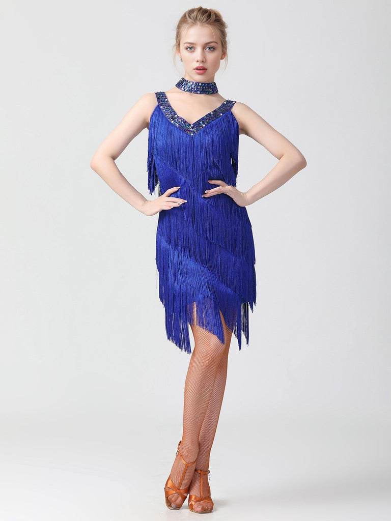 1920s Sequined Sleeveless Fringed Hem Dress