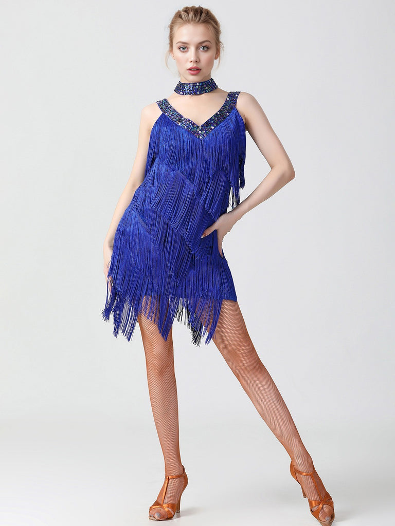 1920s Sequined Sleeveless Fringed Hem Dress