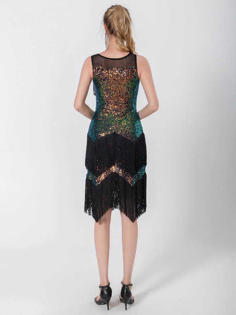 Black 1920s Beading Sleeveless Fringed Hem Dress