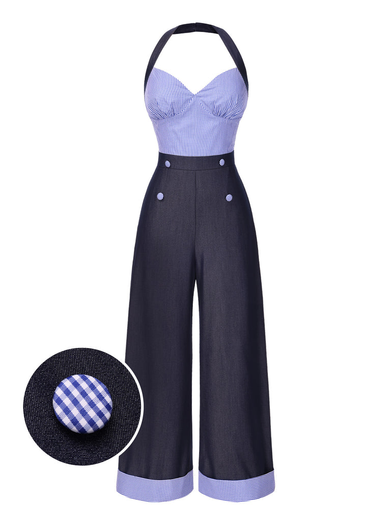 [Pre-Sale] Dark Blue 1930s Check Halter Patchwork Jumpsuit