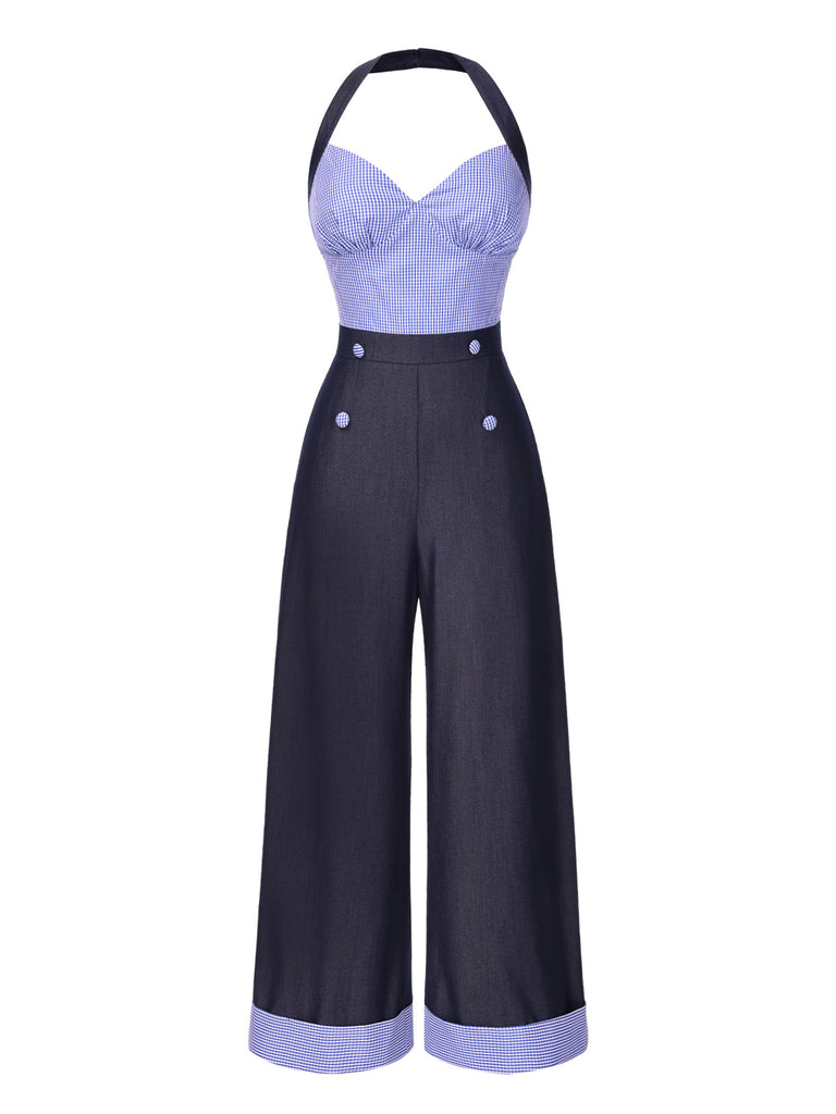 [Pre-Sale] Dark Blue 1930s Check Halter Patchwork Jumpsuit