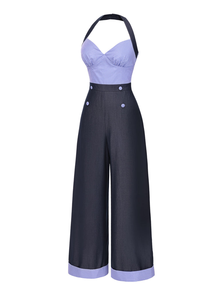 [Pre-Sale] Dark Blue 1930s Check Halter Patchwork Jumpsuit