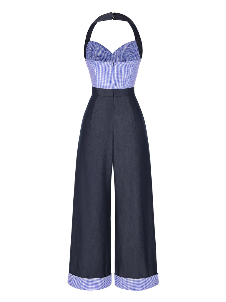 [Pre-Sale] Dark Blue 1930s Check Halter Patchwork Jumpsuit