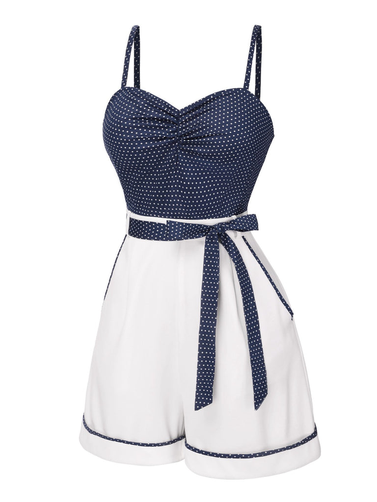 [Pre-Sale] Blue 1940s Polka Dot Patchwork Suspender Romper