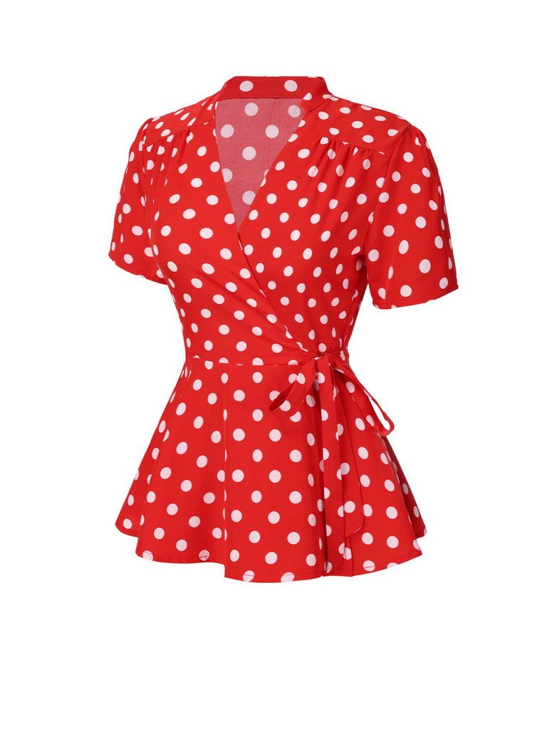 [Pre-Sale] Red 1940s Polka Dot V-Neck Wrap Blouse