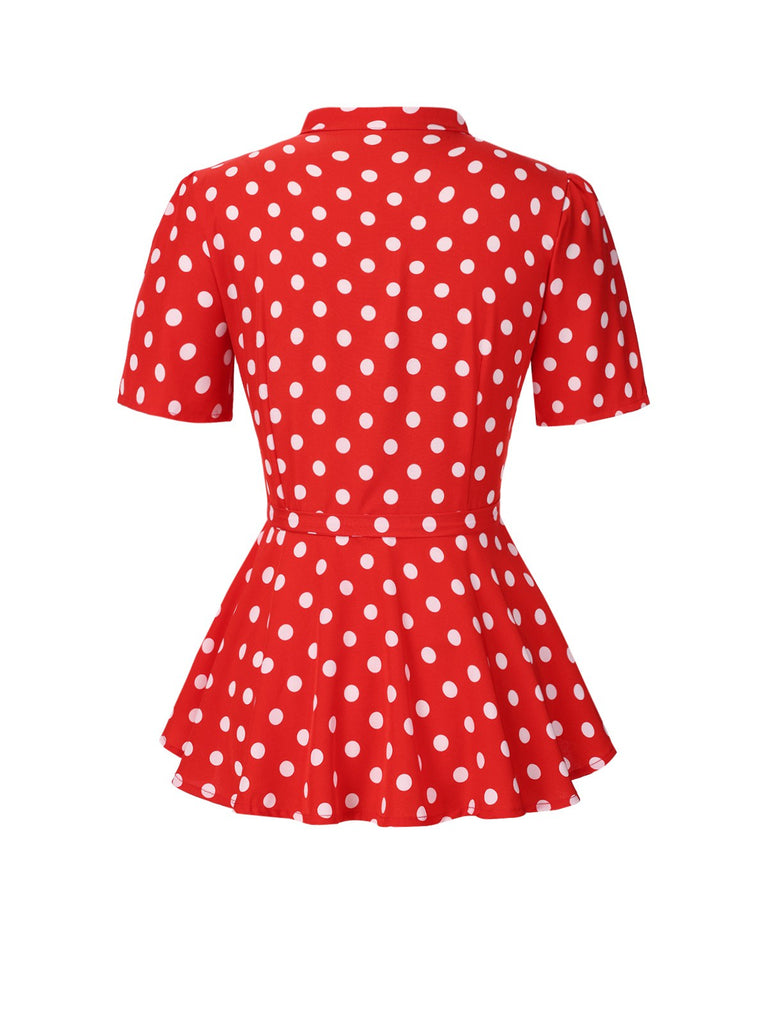 [Pre-Sale] Red 1940s Polka Dot V-Neck Wrap Blouse