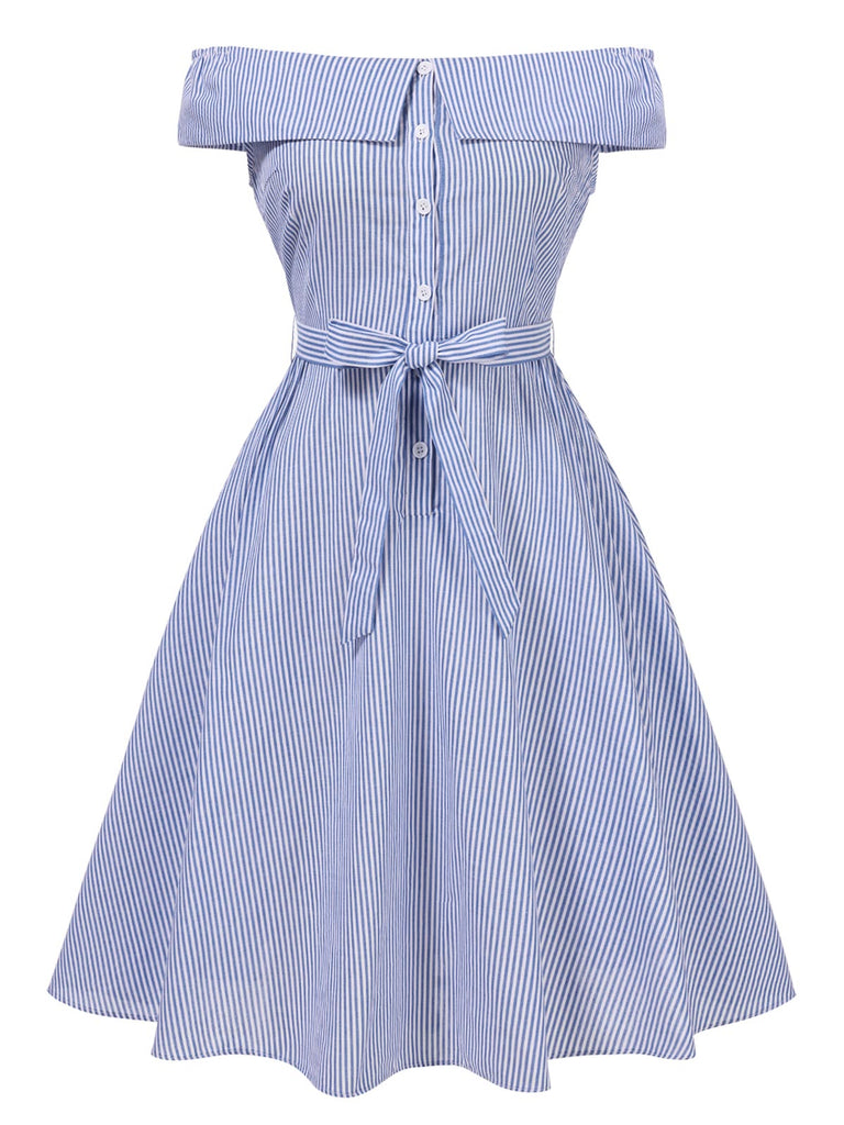 [Pre-Sale] [Plus Size] Blue 1950s Striped Off Shoulder Cotton Dress