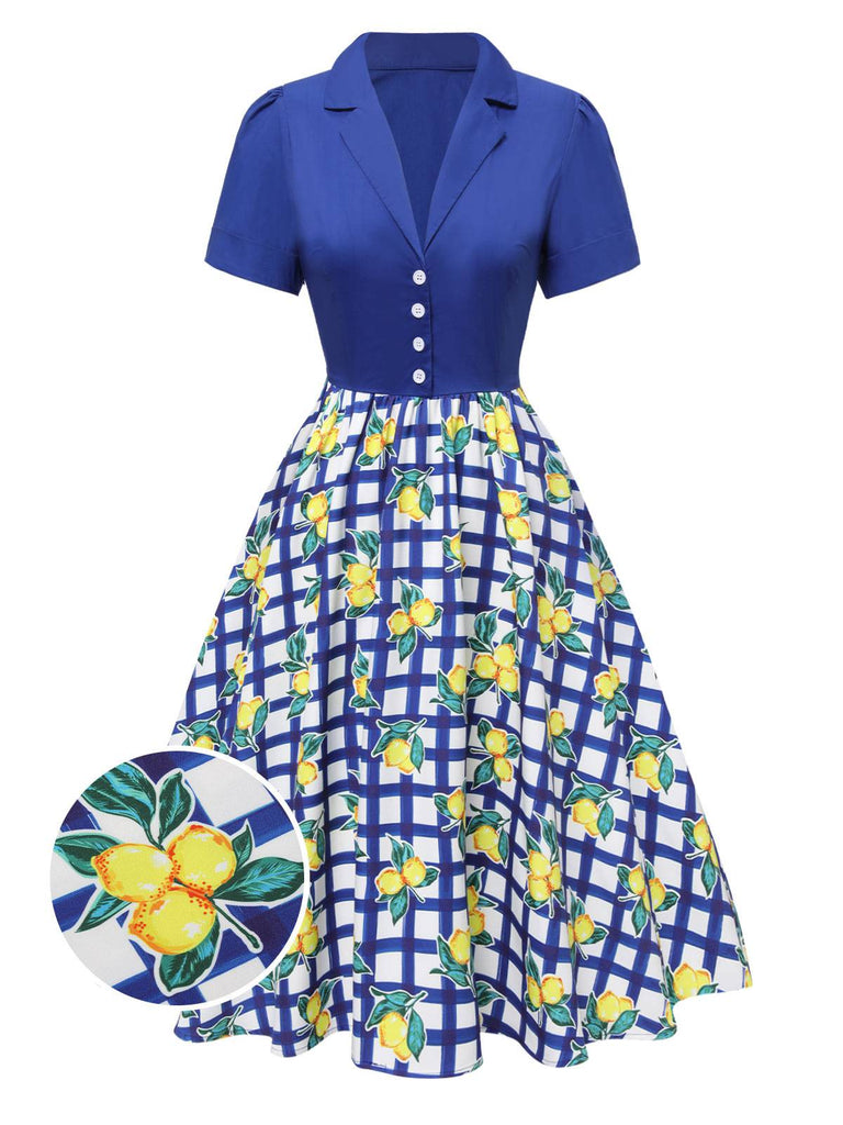 [Pre-Sale] Blue 1940s Check Lemon Lapel Cotton Dress