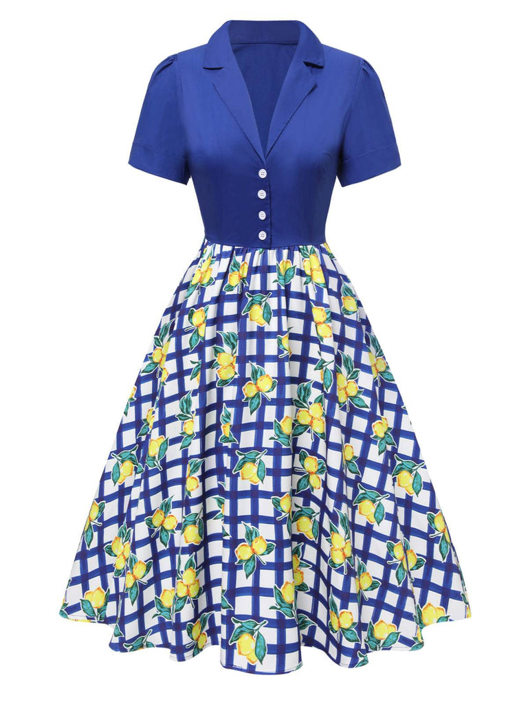 [Pre-Sale] Blue 1940s Check Lemon Lapel Cotton Dress