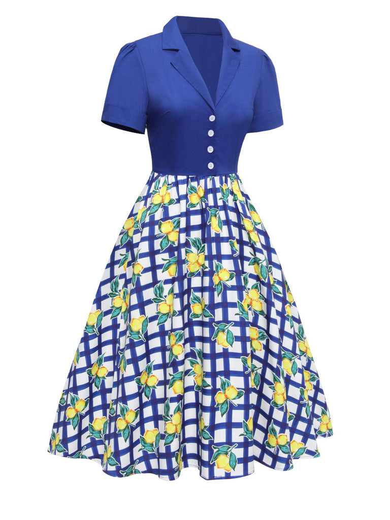 [Pre-Sale] Blue 1940s Check Lemon Lapel Cotton Dress