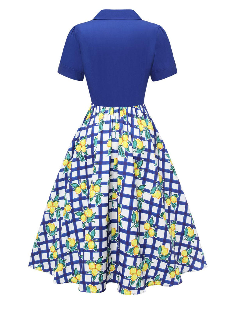 [Pre-Sale] Blue 1940s Check Lemon Lapel Cotton Dress