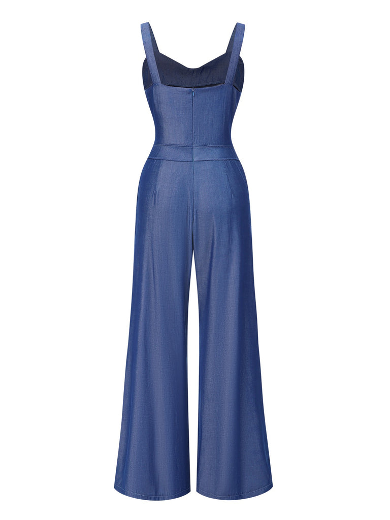 Blue 1930s Solid Tencel Denim Knotted Jumpsuit