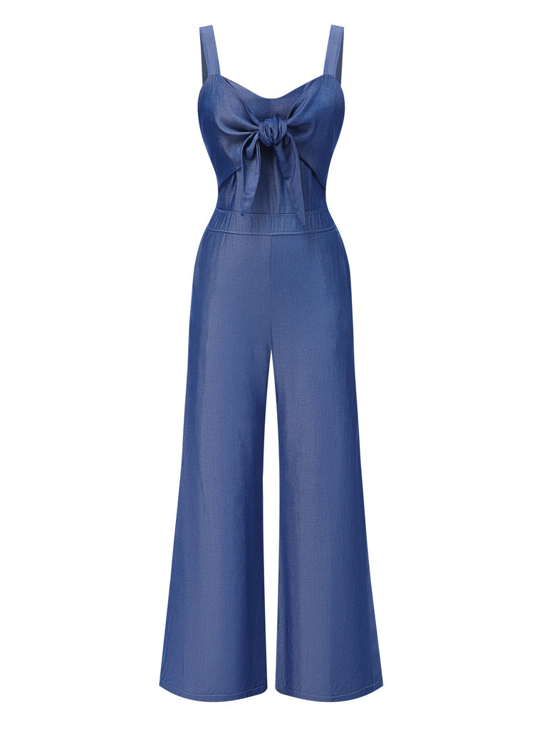 Blue 1930s Solid Tencel Denim Knotted Jumpsuit