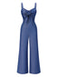 Blue 1930s Solid Tencel Denim Knotted Jumpsuit