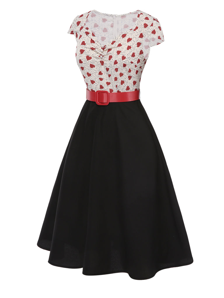 [Pre-Sale] 1950s Sweetheart Neck Heart Print Belted Dress