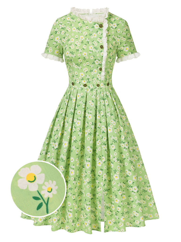 [Pre-Sale] Green 1940s Ruffles Pleated Daisy Dress