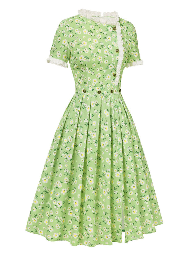 [Pre-Sale] Green 1940s Ruffles Pleated Daisy Dress