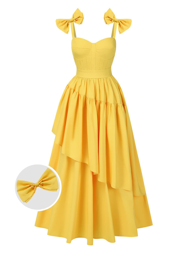 Yellow 1950s Heart Neck Bow-Strap Tiered Dress