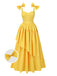 Yellow 1950s Heart Neck Bow-Strap Tiered Dress