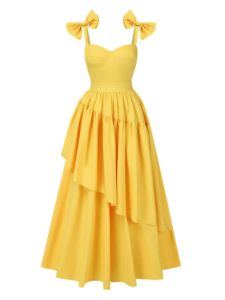 Yellow 1950s Heart Neck Bow-Strap Tiered Dress