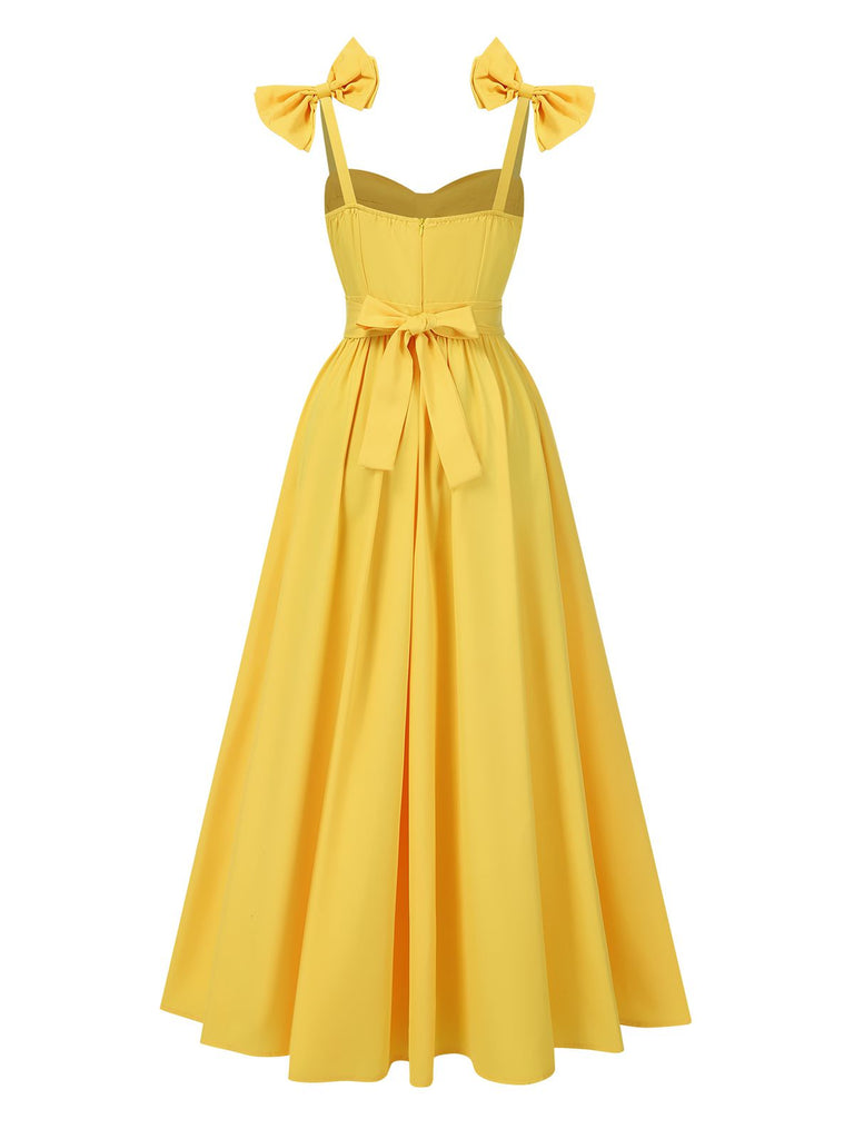 Yellow 1950s Heart Neck Bow-Strap Tiered Dress