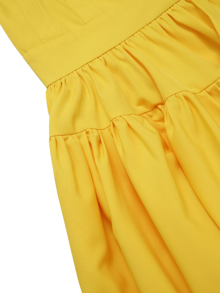 Yellow 1950s Heart Neck Bow-Strap Tiered Dress