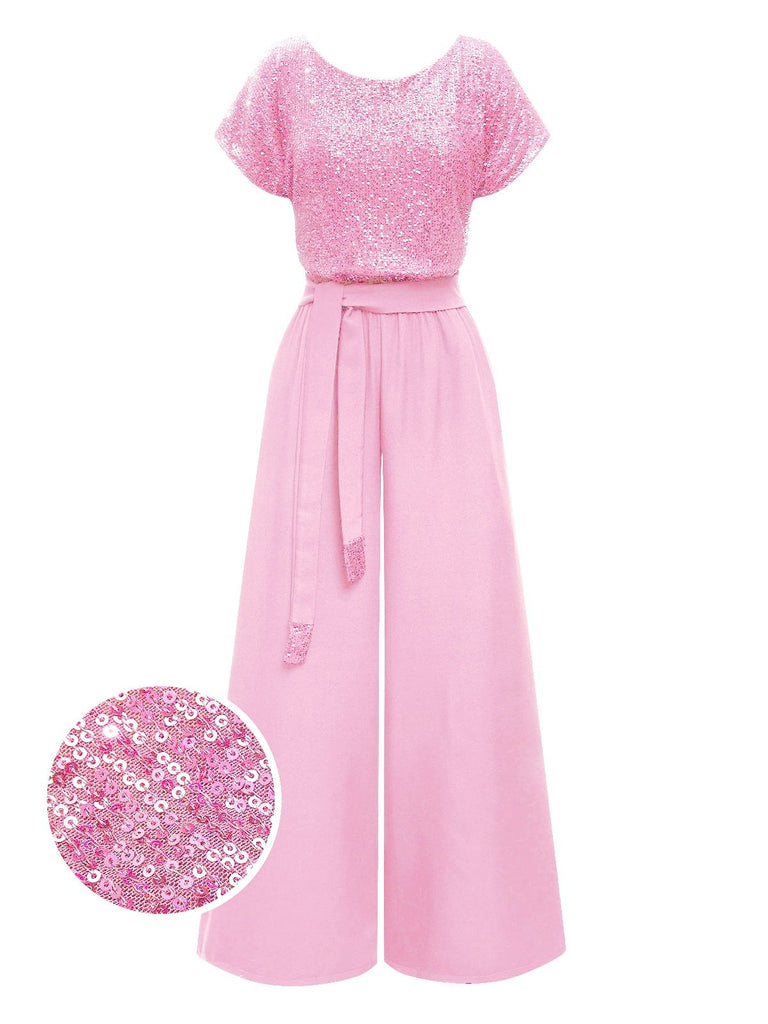 Pink 1950s Back V Sequin Patchwork Jumpsuit