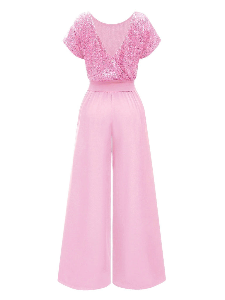 Pink 1950s Back V Sequin Patchwork Jumpsuit