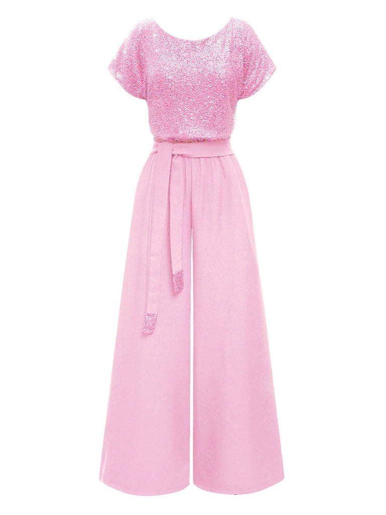 Pink 1950s Back V Sequin Patchwork Jumpsuit