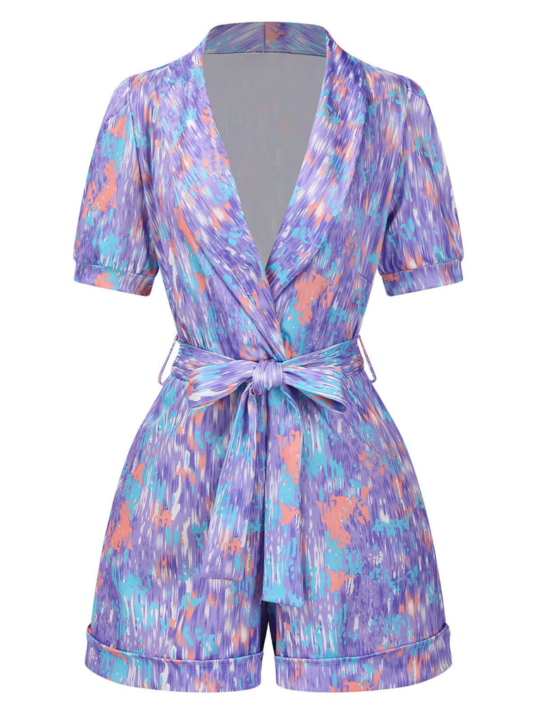 Purple 1960s Deep V-Neck Belted Lapel Romper