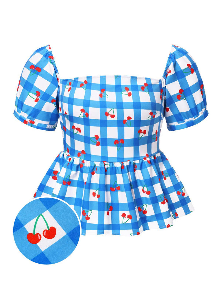 [Pre-Sale] [Plus Size] Blue 1950s Square Neck Cherry Plaid Top