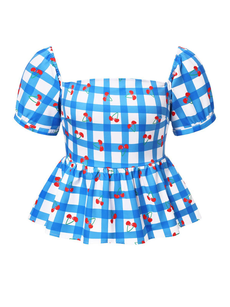 [Pre-Sale] [Plus Size] Blue 1950s Square Neck Cherry Plaid Top